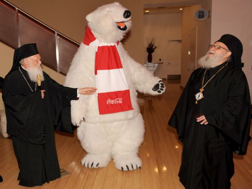 (L to R) Ecumenical Patriarch Bartholomew, the Coca-Cola Polar Bear, and Archbishop Demetrios