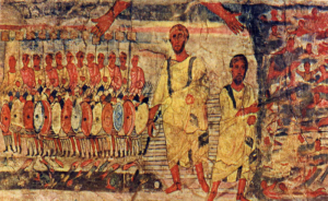 Jews cross Red Sea pursued by Pharoah. Fresco from Dura Europos synagogue